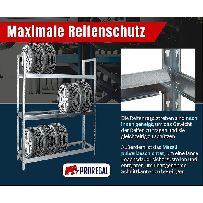 Proregal Reifenregal Tiger XL - Stecken, Verzinkt - Metall-Reifenregal mit drei Ebenen geneigter Streben zur Reifenlagerung. Das robuste, pulverbeschichtete und entgratete System schützt Reifen optimal.