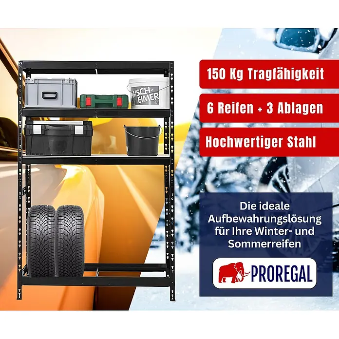 Proregal Reifenregal Tiger mit Fachboden - Stecken, Schwarz - Schwarzes Metallregal für Winter- und Sommerreifen mit drei Ablagen und Platz für bis zu sechs Reifen. Aus hochwertigem Stahl.