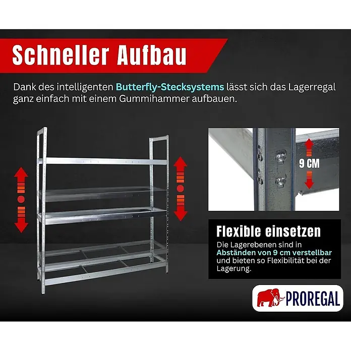 Proregal Reifenregal Tiger XL - Stecken, Verzinkt - Verzinktes Metallregal mit Butterfly-Stecksystem für einfachen Aufbau und in 9 cm Abständen verstellbaren Böden.