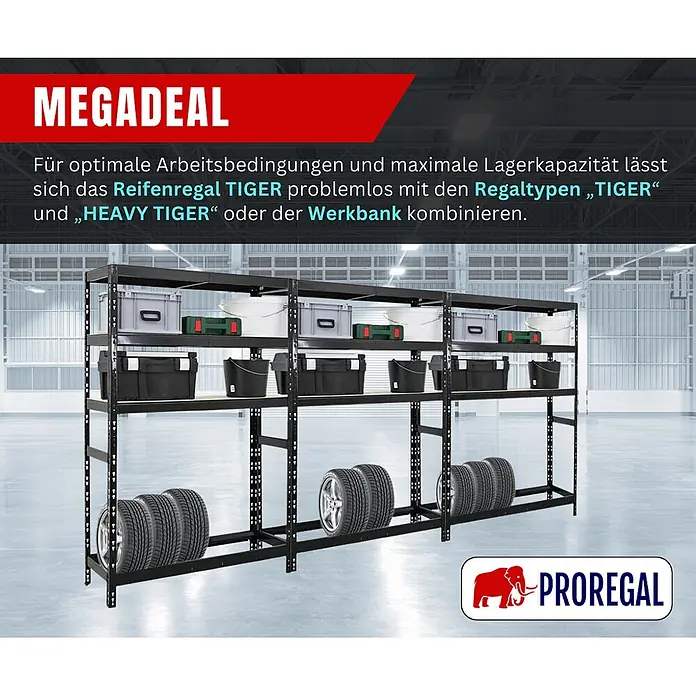 Proregal Reifenregal Tiger mit Fachboden - Stecken, Schwarz - Schwarzes Metallregal für Reifen und diverse Lagerartikel in einer Lagerhalle, demonstriert modulare Bauweise.