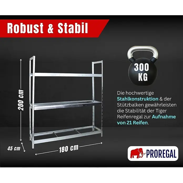 Proregal Reifenregal Tiger XL - Stecken, Verzinkt - Stabiles Reifenregal aus hochwertiger Stahlkonstruktion, 200x180x45 cm, belastbar bis 300 kg für 21 Reifen.
