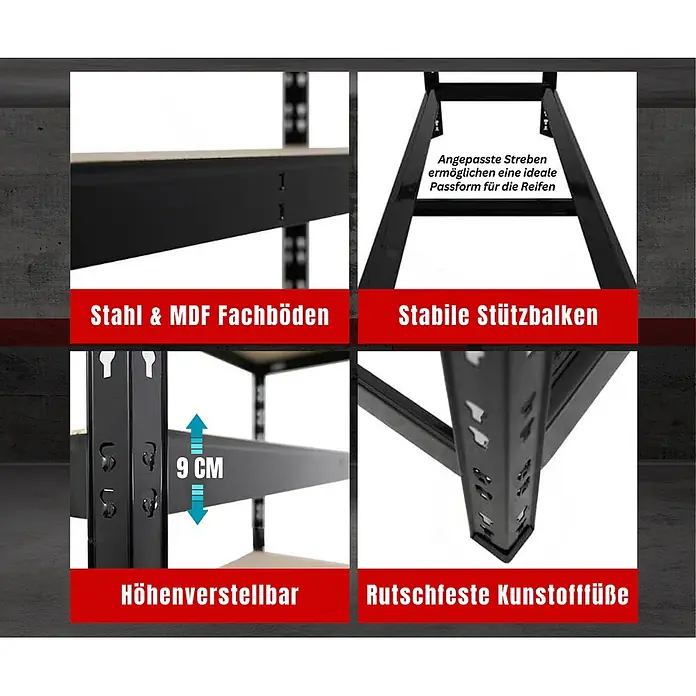 Proregal Reifenregal Tiger mit Fachboden - Stecken, Schwarz - Schwarzes Metallregal mit Stahl- & MDF-Fachböden, höhenverstellbar, stabilen Trägern und rutschfesten Kunststofffüßen, ideal für Reifen.