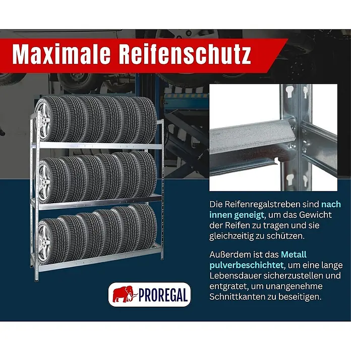 Proregal Reifenregal Tiger XL - Stecken, Verzinkt - Robustes Metall-Reifenregal mit drei Ebenen, das mehrere Autoreifen sicher in einer Werkstatt lagert.