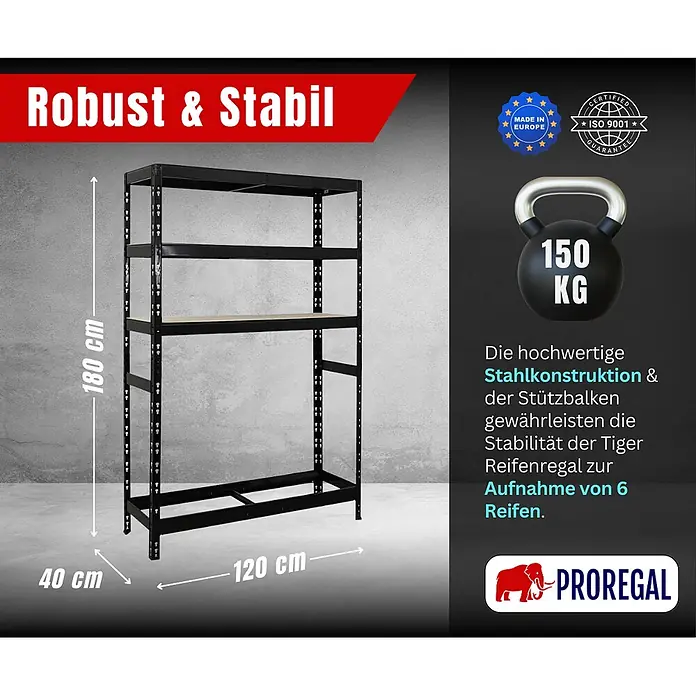 Proregal Reifenregal Tiger mit Fachboden - Stecken, Schwarz - Schwarzes Metallregal, 180x120x40 cm, robuste Stahlkonstruktion, 150 kg Tragkraft, für 6 Reifen.