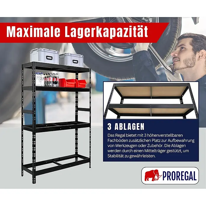 Proregal Reifenregal Tiger mit Fachboden - Stecken, Schwarz - Schwarzes Metallregal mit 3 höhenverstellbaren Ablagen, zur Werkzeugaufbewahrung in einer Werkstatt.