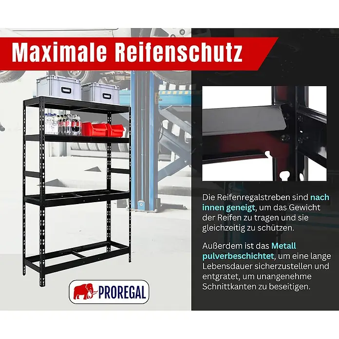 Proregal Reifenregal Tiger mit Fachboden - Stecken, Schwarz - Schwarzes, pulverbeschichtetes Metall-Reifenregal, ideal für die Werkstattlagerung.