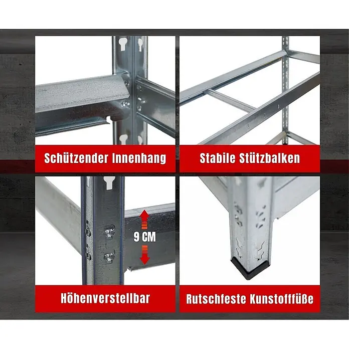 Proregal Reifenregal Tiger XL - Stecken, Verzinkt - Metallregal-Details: höhenverstellbare Fachböden, stabile Träger, schützende Aufhängung, rutschfeste Füße.