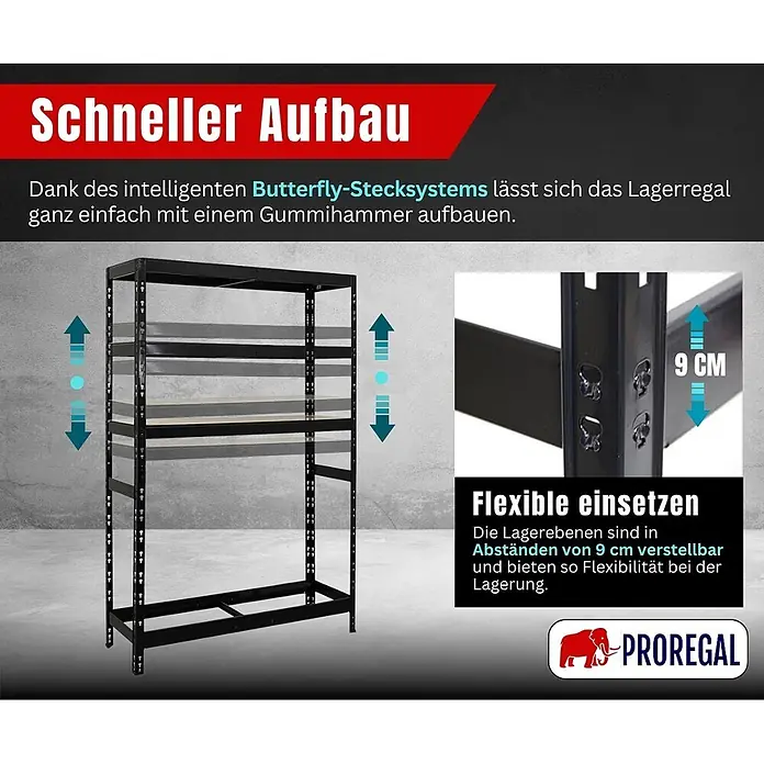 Proregal Reifenregal Tiger mit Fachboden - Stecken, Schwarz - Schwarzes Metall-Lagerregal mit verstellbaren Böden und einfachem Stecksystem-Aufbau.