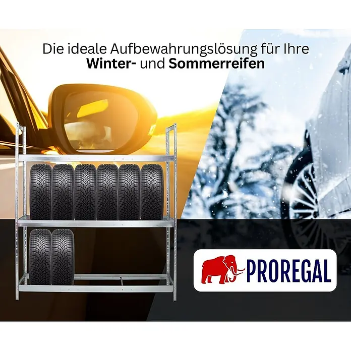 Proregal Reifenregal Tiger XL - Stecken, Verzinkt - Silbernes Metallregal zur Aufbewahrung von Autoreifen auf zwei Ebenen.