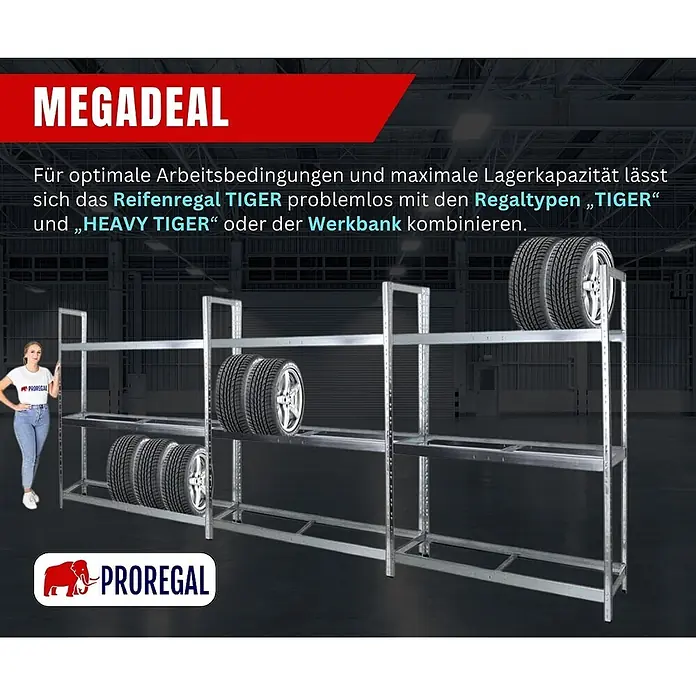 Proregal Reifenregal Tiger XL - Stecken, Verzinkt - Verzinktes Reifenregal für optimale Lagerung von Reifen, mit Person als Größenvergleich in einer Lagerhalle.