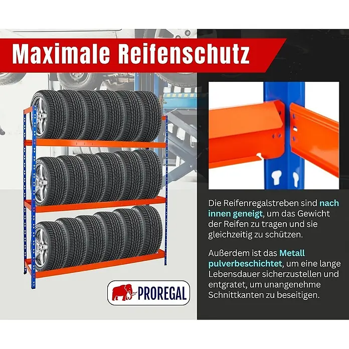 Proregal Reifenregal Tiger XL - Stecken, Blau-Orange - Blau-oranges Metall-Reifenregal mit drei Ablagen, gefüllt mit Autoreifen. Das pulverbeschichtete Regal hat nach innen geneigte Streben für Reifenschutz.