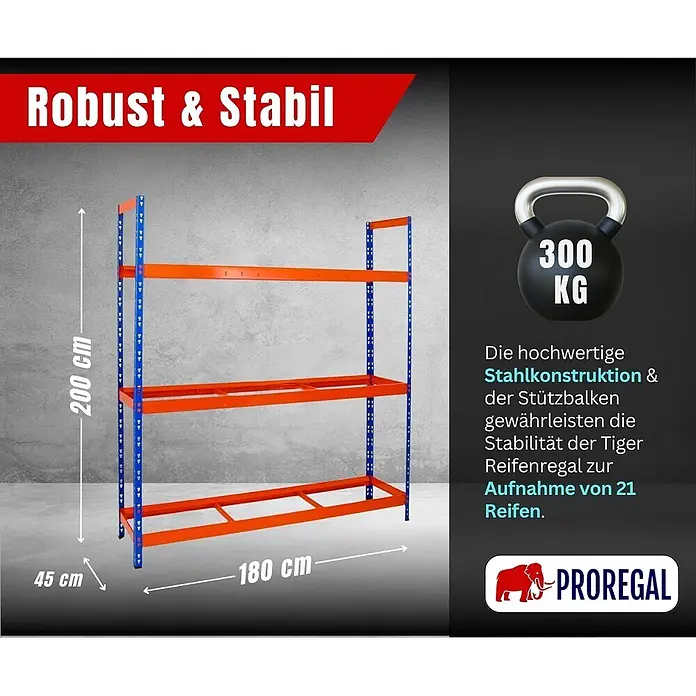 Proregal Reifenregal Tiger XL - Stecken, Blau-Orange - Blau-orange Stahlreifenregal, 200x180x45 cm, für 21 Reifen, mit 300 kg Traglast. Robust und stabil.