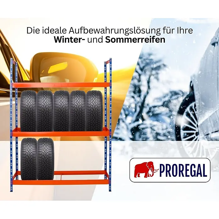 Proregal Reifenregal Tiger XL - Stecken, Blau-Orange - Rot-blaues Metallregal zur Lagerung von Winter- und Sommerreifen.