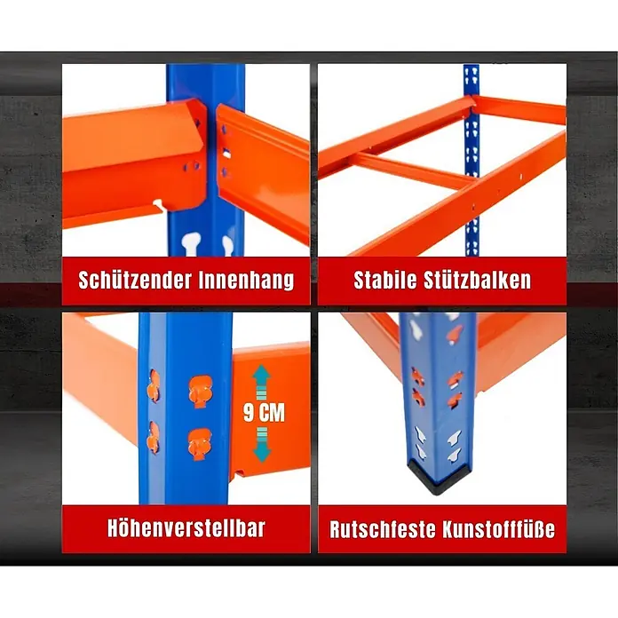 Proregal Reifenregal Tiger XL - Stecken, Blau-Orange - Blau-orange Metallregal mit verstellbaren, stabilen Stützbalken und rutschfesten Kunststofffüßen.