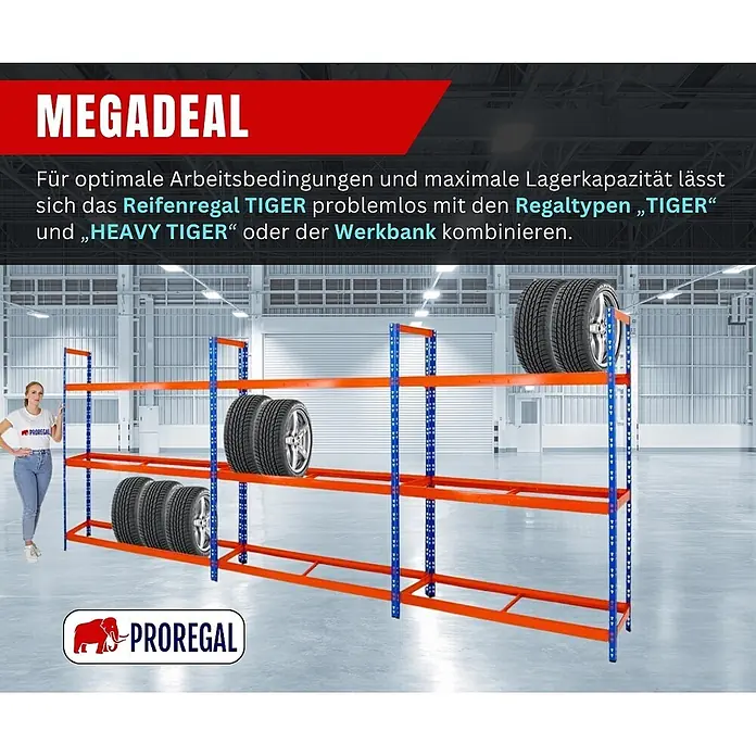 Proregal Reifenregal Tiger XL - Stecken, Blau-Orange - Rotes und blaues Metall-Reifenregal in einer Lagerhalle, bestückt mit Autoreifen. Eine Person zeigt die Größe des Regals an.