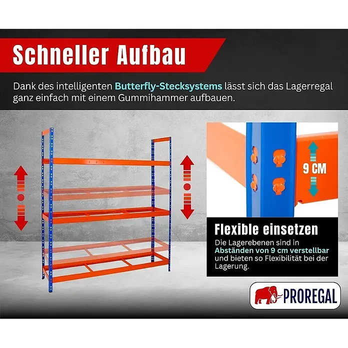 Proregal Reifenregal Tiger XL - Stecken, Blau-Orange - Blau-oranges Lagerregal mit schnellem Butterfly-Stecksystem und um 9 cm verstellbaren Böden.