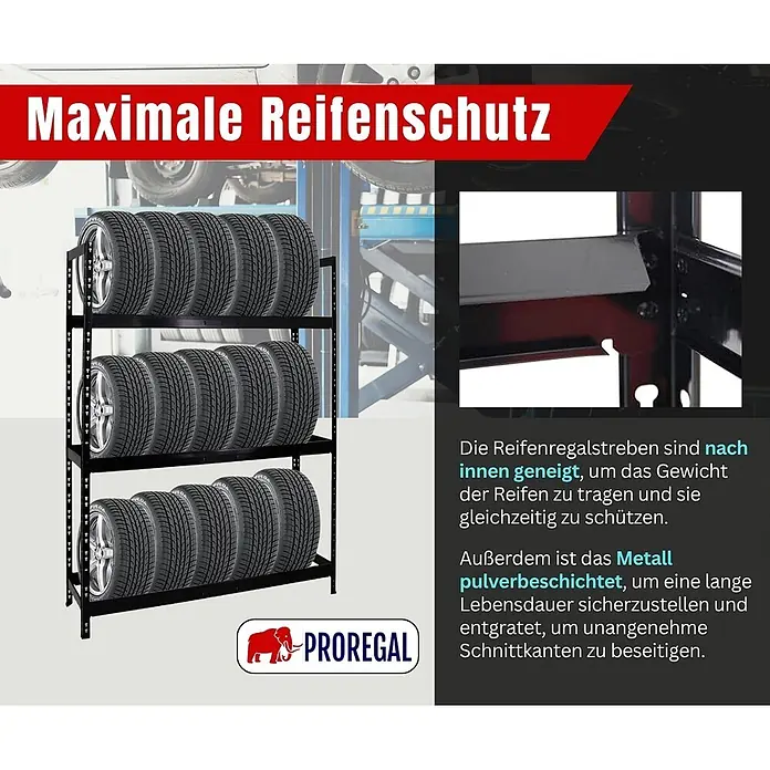 Proregal Reifenregal Tiger XL - Stecken, Schwarz - Schwarzes Metall-Reifenregal mit drei Ebenen voller Autoreifen, ausgestellt in einer Werkstatt.