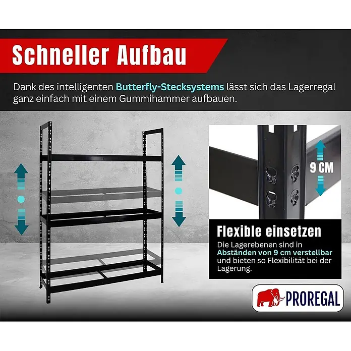 Proregal Reifenregal Tiger XL - Stecken, Schwarz - Schwarzes Metall-Lagerregal mit leicht verstellbaren Böden für flexible Lagerung und schnellen Aufbau.