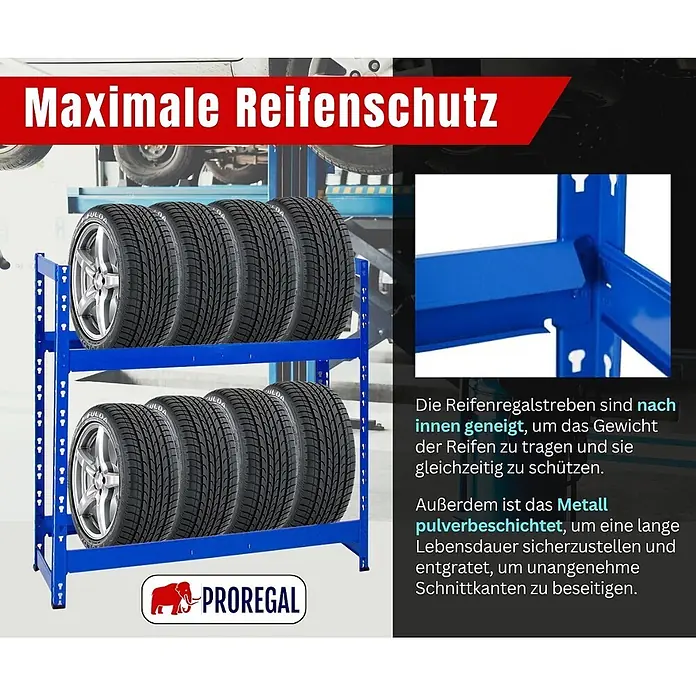 Proregal Reifenregal Tiger - Stecken, Blau - Blaues, pulverbeschichtetes Metall-Reifenregal mit nach innen geneigten Streben für optimalen Reifenschutz in einer Werkstattumgebung.