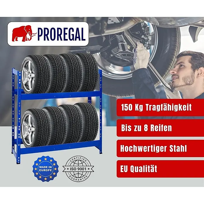 Proregal Reifenregal Tiger - Stecken, Blau - Blaues Metall-Reifenregal, das 8 Autoreifen lagert.