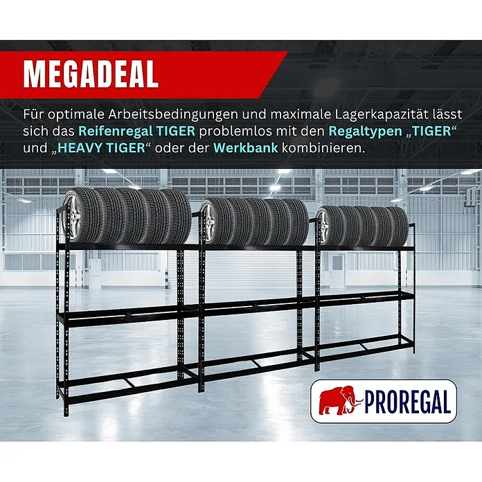 Proregal Reifenregal Tiger XL - Stecken, Schwarz - Schwarzes modulares Metall-Reifenregal in einer Lagerhalle, bestückt mit Autoreifen. Für effiziente Lagerung und Erweiterbarkeit konzipiert.