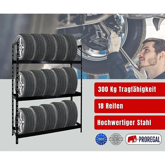 Proregal Reifenregal Tiger XL - Stecken, Schwarz - Schwarzes Reifenregal aus hochwertigem Stahl mit 3 Etagen für 18 Reifen, 300 kg Tragfähigkeit.