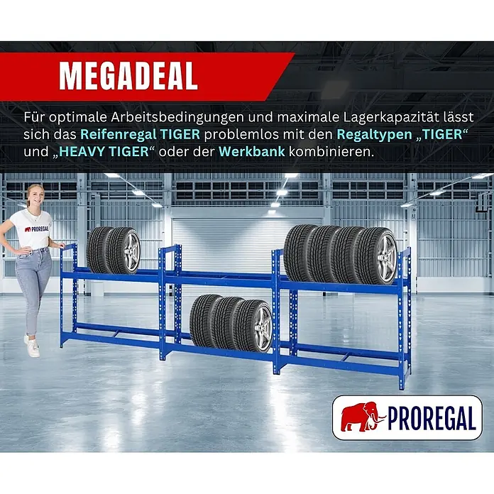 Proregal Reifenregal Tiger - Stecken, Blau - Blaues Metall-Reifenregal mit Reifen in einem Lager, abgebildet mit einer Person zur Größenveranschaulichung.