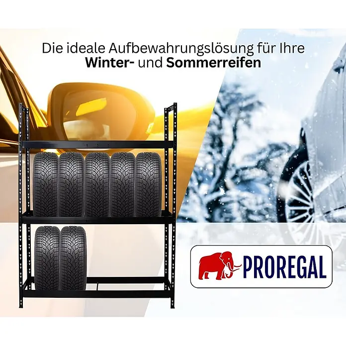 Proregal Reifenregal Tiger XL - Stecken, Schwarz - Schwarzes Metall-Reifenregal mit mehreren Autoreifen, vor einem Hintergrund mit Sommer- und Winterautoszenen.
