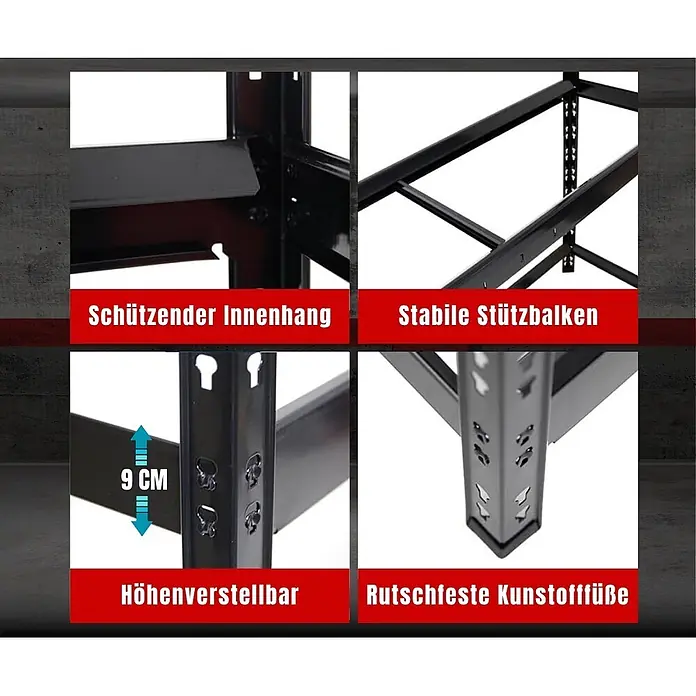 Proregal Reifenregal Tiger XL - Stecken, Schwarz - Schwarzes Metallregal mit schützendem Innenhang, stabilen Stützbalken, 9 cm Höhenverstellung und rutschfesten Kunststofffüßen.