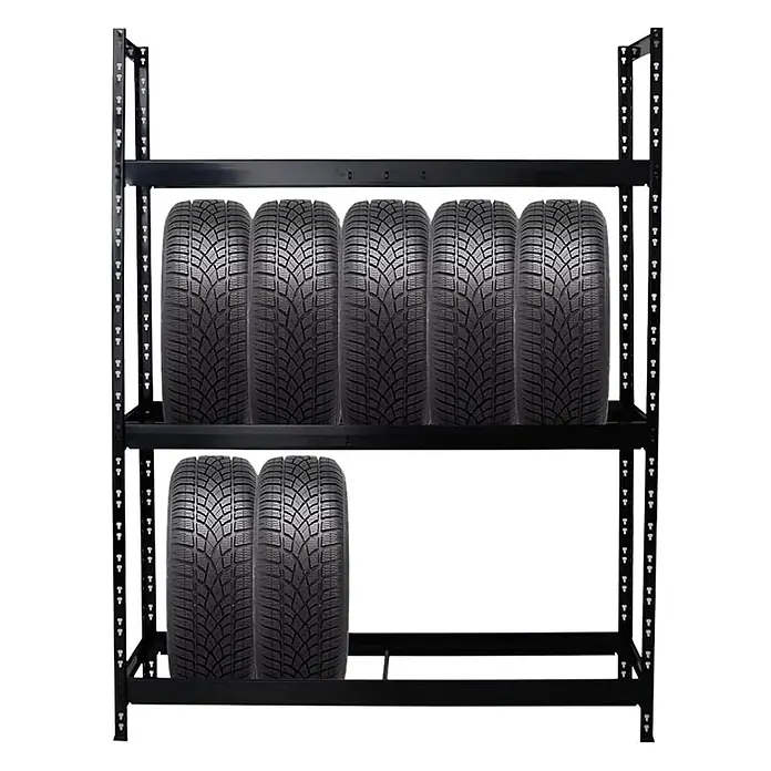 Proregal Reifenregal Tiger XL - Stecken, Schwarz - Schwarzes Metall-Reifenregal mit zwei Ablagen, das sieben Autoreifen lagert.