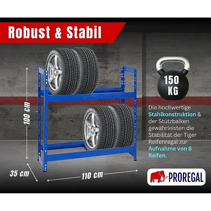 Proregal Reifenregal Tiger - Stecken, Blau - Blaues Stahl-Reifenregal, 100x110x35 cm, für 8 Reifen. Robust mit 150 kg Tragkraft.