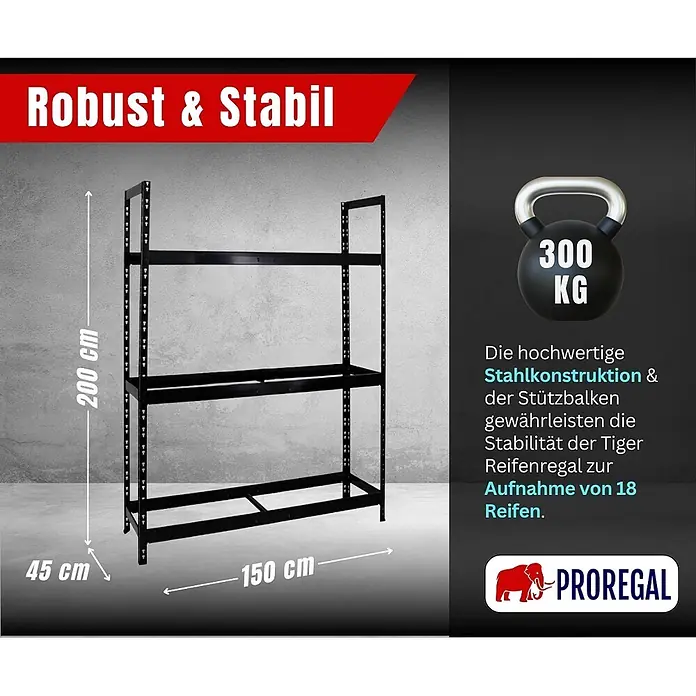 Proregal Reifenregal Tiger XL - Stecken, Schwarz - Schwarzstahl-Reifenregal, 200x150x45 cm, für 18 Reifen oder 300 kg. Robustes PROREGAL Lagerregal.