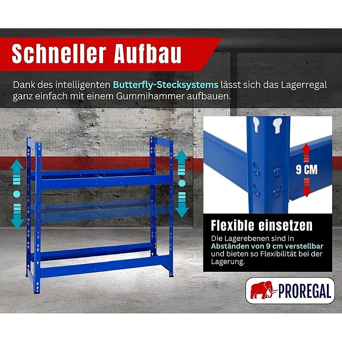 Proregal Reifenregal Tiger - Stecken, Blau - Blaues Metall-Lagerregal mit einfachem Butterfly-Stecksystem und in 9 cm Abständen verstellbaren Böden für flexible Lagerung.