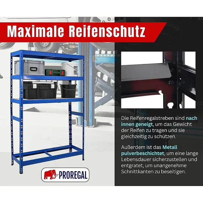 Proregal Reifenregal Tiger mit Fachboden - Stecken, Blau - Blaues pulverbeschichtetes Metallregal mit nach innen geneigten Streben zum Lagern und Schützen von Reifen.