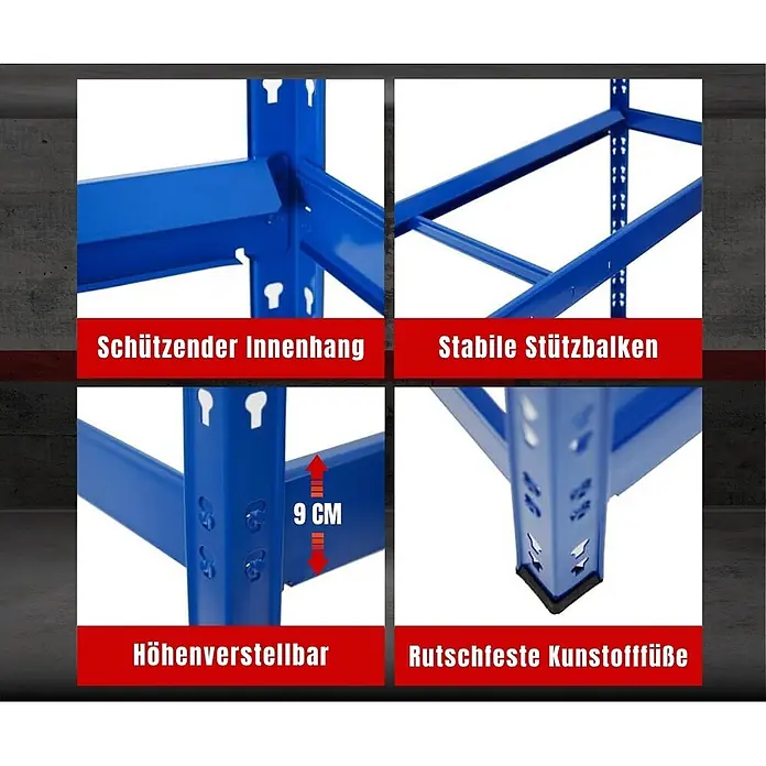 Proregal Reifenregal Tiger - Stecken, Blau - Nahaufnahmen eines blauen Metallregals mit stabilen Trägern, Höhenverstellung und rutschfesten Füßen.