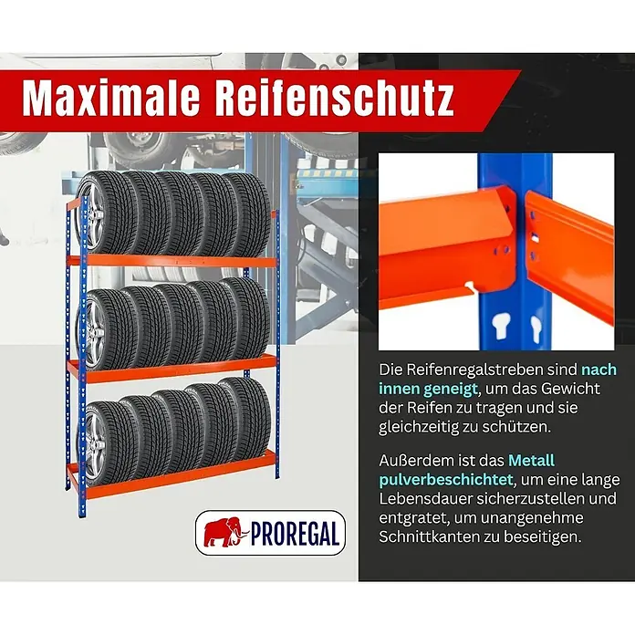 Proregal Reifenregal Tiger XL - Stecken, Blau-Orange - Blau-orangefarbenes Metall-Reifenregal für Autoreifen, mit nach innen geneigten, pulverbeschichteten Streben für maximalen Schutz.