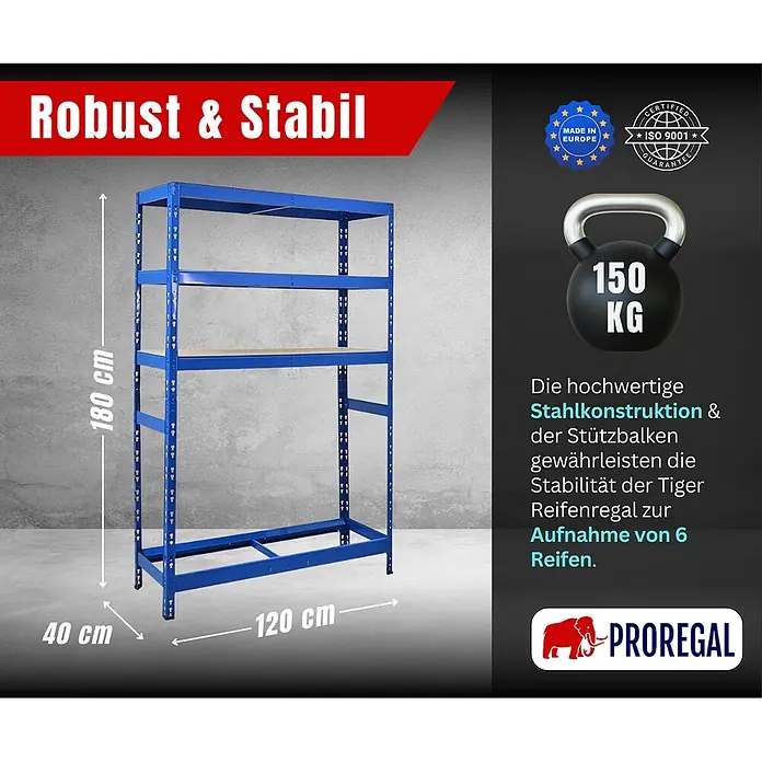 Proregal Reifenregal Tiger mit Fachboden - Stecken, Blau - Blaues Reifenregal aus Stahl mit 3 Fächern, H180xW120xD40 cm, 150 kg Traglast, für 6 Reifen. Robuste und stabile Konstruktion.
