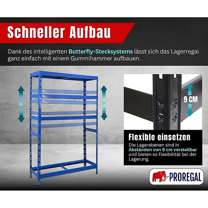Proregal Reifenregal Tiger mit Fachboden - Stecken, Blau - Blaues Metall-Lagerregal mit verstellbaren Böden und Butterfly-Stecksystem zur einfachen Montage.