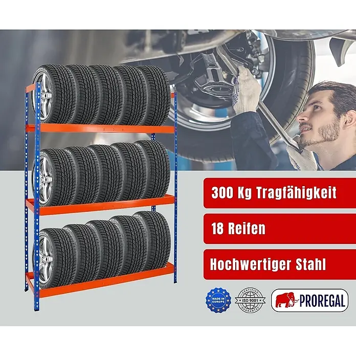 Proregal Reifenregal Tiger XL - Stecken, Blau-Orange - Blau-orange Stahlfelgenregal mit 18 Reifen in Werkstatt, 300 kg Tragkraft.