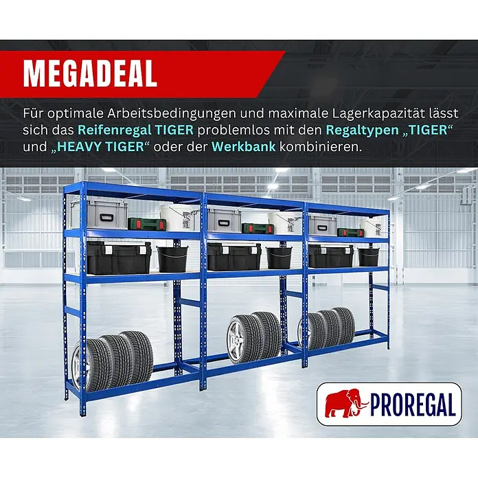 Proregal Reifenregal Tiger mit Fachboden - Stecken, Blau - Blaues Metall-Lagerregal mit Ablagen und speziellen Fächern für Autoreifen.