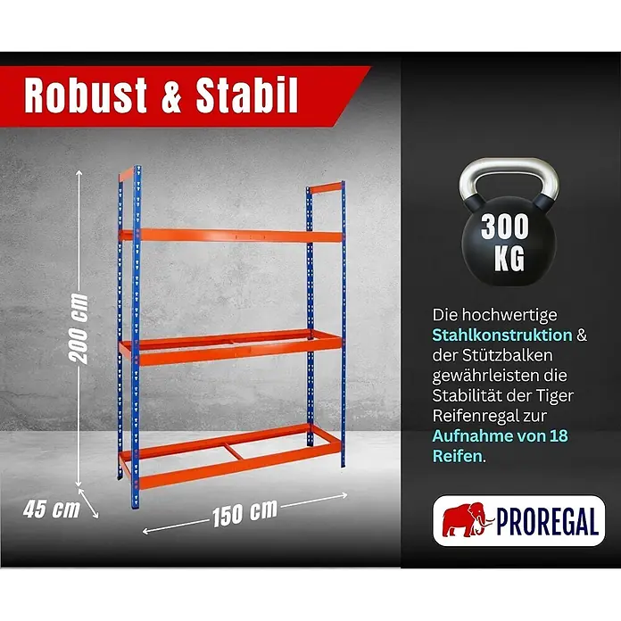 Proregal Reifenregal Tiger XL - Stecken, Blau-Orange - Blau-oranges Stahl-Reifenregal, 200x150x45 cm, robust und stabil für 18 Reifen mit 300 kg Tragkraft.