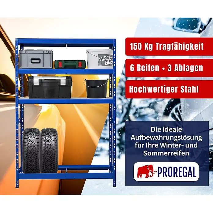 Proregal Reifenregal Tiger mit Fachboden - Stecken, Blau - Blaues Stahlregal mit mehreren Ablagen, das Werkzeuge, Eimer und Autoreifen aufbewahrt.