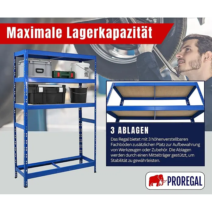Proregal Reifenregal Tiger mit Fachboden - Stecken, Blau - Blaues Metallregal mit 3 verstellbaren Fachböden, geeignet für Werkstattlagerung.