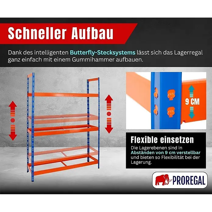 Proregal Reifenregal Tiger XL - Stecken, Blau-Orange - Blau-oranges Metall-Lagerregal mit leicht verstellbaren Böden für flexible Lagerung.