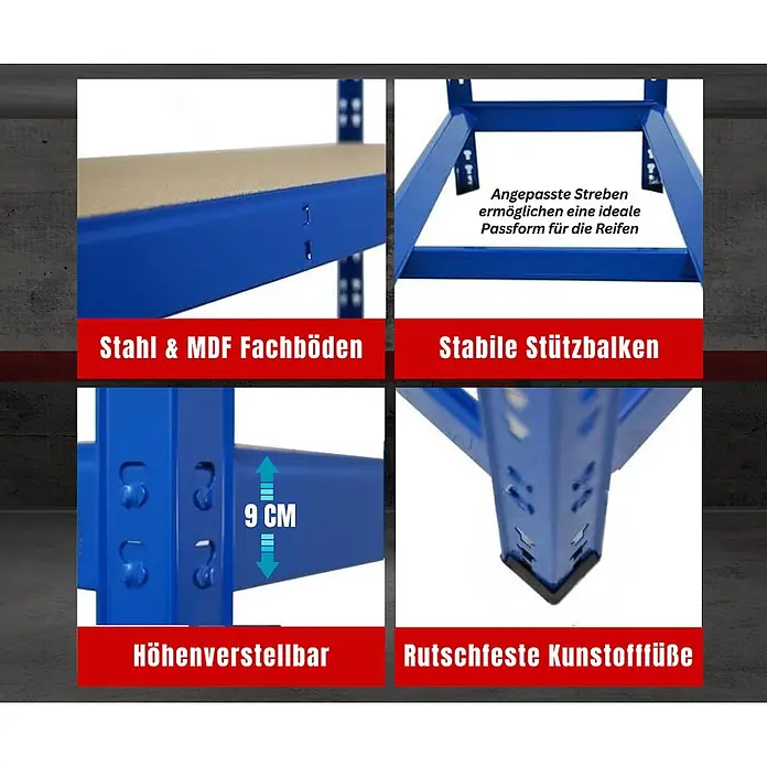 Proregal Reifenregal Tiger mit Fachboden - Stecken, Blau - Blaues Metallregal mit MDF-Böden, höhenverstellbar, stabile Träger für Reifen, und rutschfesten Füßen.