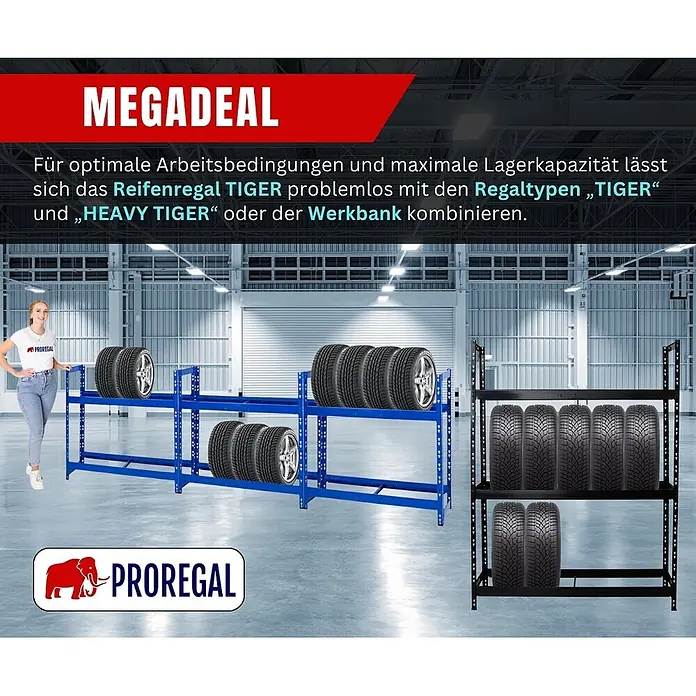 Proregal Reifenregal Tiger - Stecken, Schwarz - Blaue und schwarze Metallregale für Reifen, gefüllt mit Autoreifen, in einer Lagerhalle.