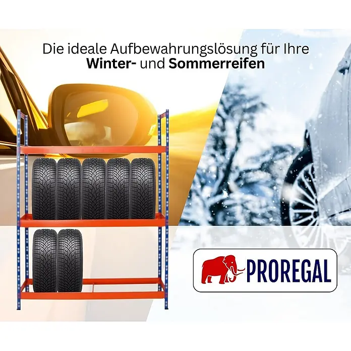 Proregal Reifenregal Tiger XL - Stecken, Blau-Orange - Rotes und blaues Metallregal mit mehreren Autoreifen, zur Lagerung von Winter- und Sommerreifen.