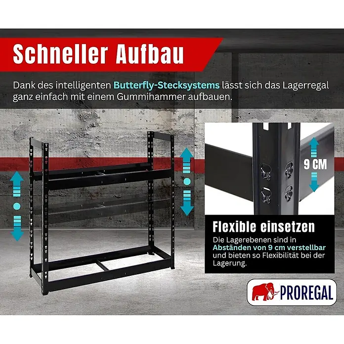 Proregal Reifenregal Tiger - Stecken, Schwarz - Schwarzes Metall-Lagerregal mit leicht montierbarem Butterfly-Stecksystem und 9 cm höhenverstellbaren Böden für flexible Lagerung.