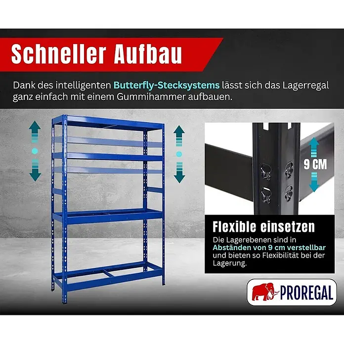 Proregal Reifenregal Tiger mit Fachboden - H x B x T: 180 x 120 x 40 cm, Stecken, Blau - Blaues Metall-Lagerregal mit fünf verstellbaren Ebenen, 9 cm höhenverstellbar für flexible Nutzung und einfache Montage.
