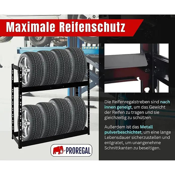 Proregal Reifenregal Tiger - Stecken, Schwarz - Schwarzes pulverbeschichtetes Metall-Reifenregal mit zwei Ebenen, das mehrere Reifen mit geneigten Streben sicher lagert.